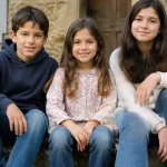Trois freres et soeurs assis devant une vieille maison
