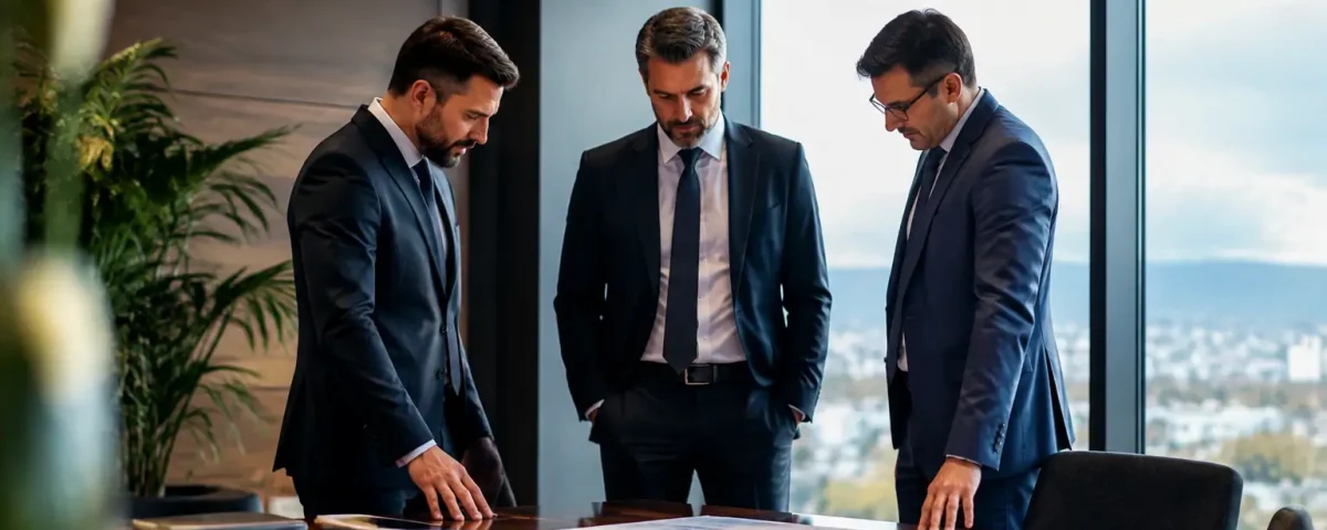 Trois hommes en costume debout devant une grande table