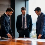 Trois hommes en costume debout devant une grande table