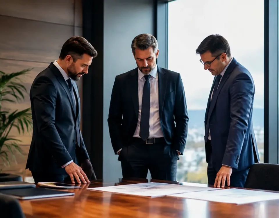 Trois hommes en costume debout devant une grande table