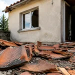 Tuiles brisees au sol devant une maison endommagee