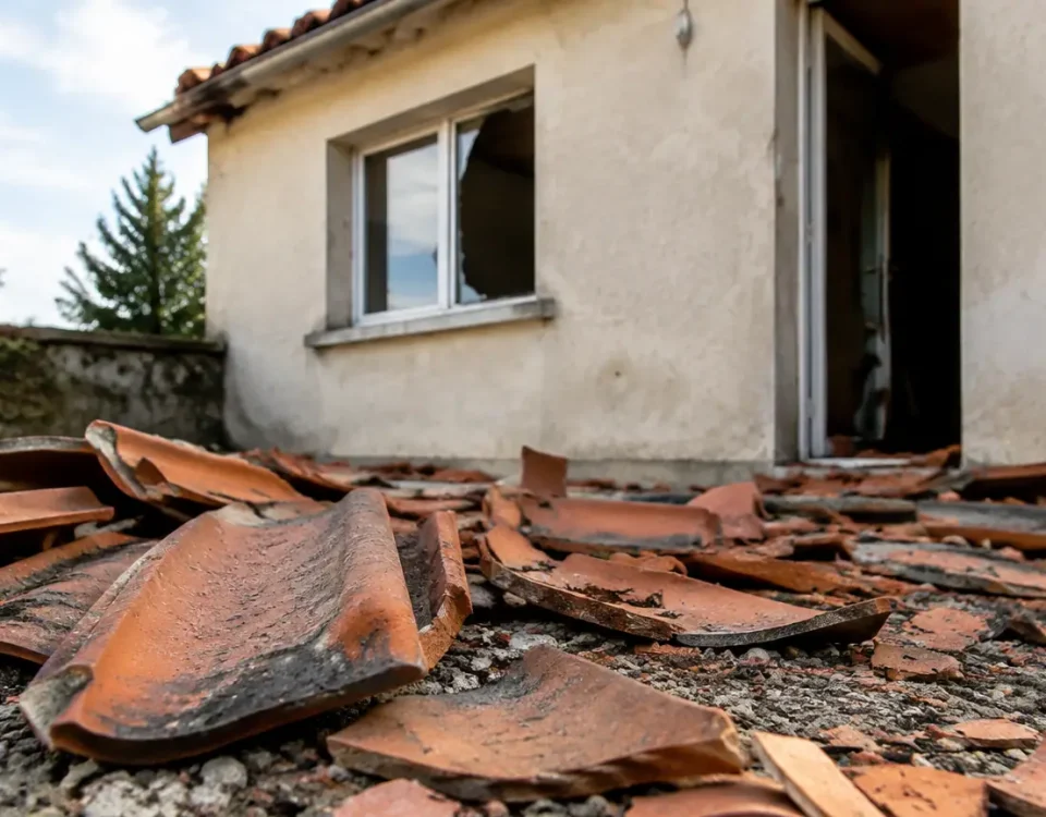 Tuiles brisees au sol devant une maison endommagee