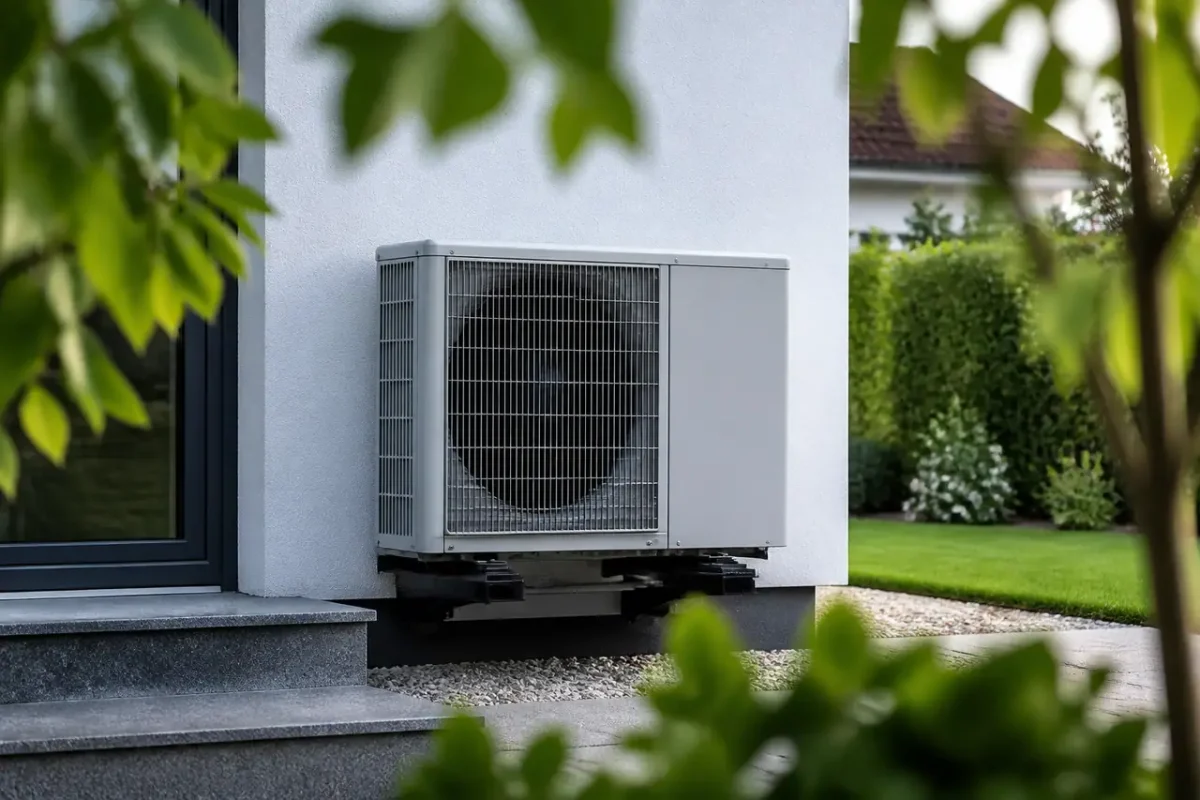 Unite exterieure pompe a chaleur fixee contre mur blanc