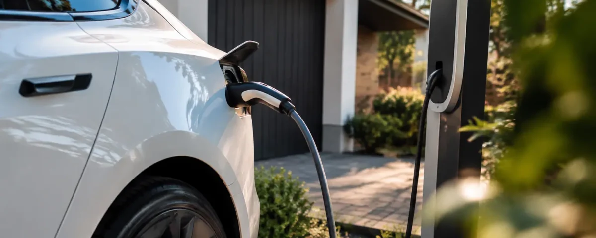 Utilitaire electrique blanc branche sur une borne de recharge