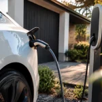 Utilitaire electrique blanc branche sur une borne de recharge