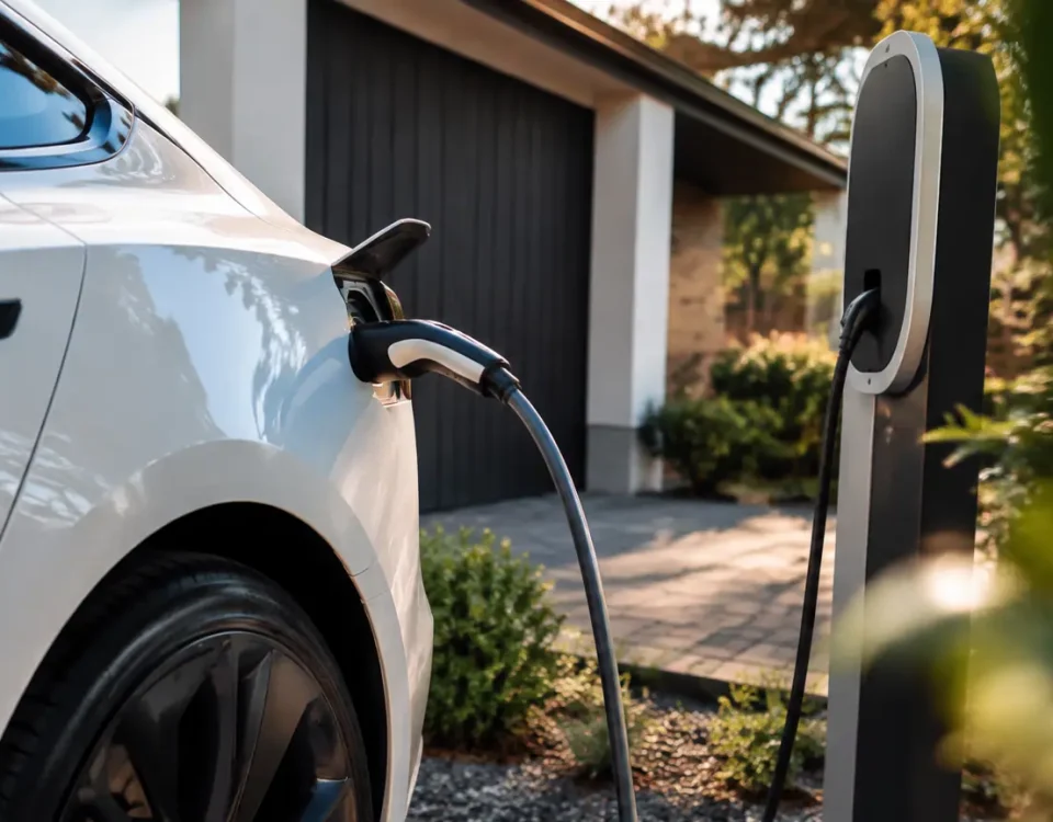 Utilitaire electrique blanc branche sur une borne de recharge