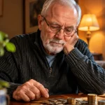 Vieil homme assis devant une pile de pieces