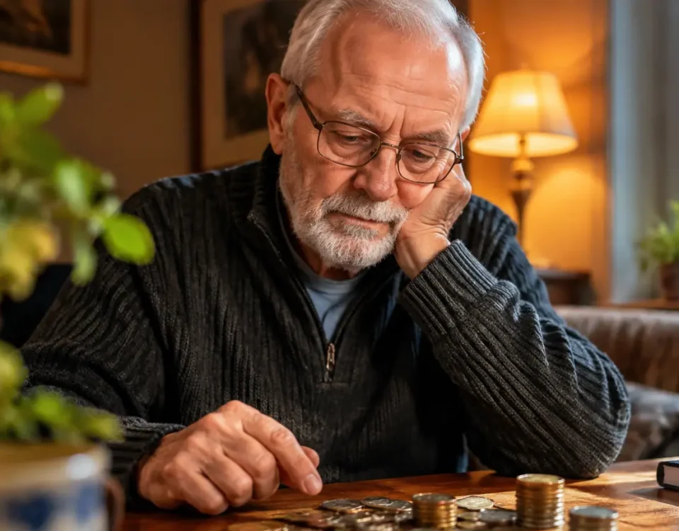 Vieil homme assis devant une pile de pieces