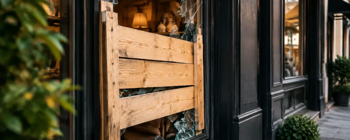 Vitrine brisee protegee par des planches en bois