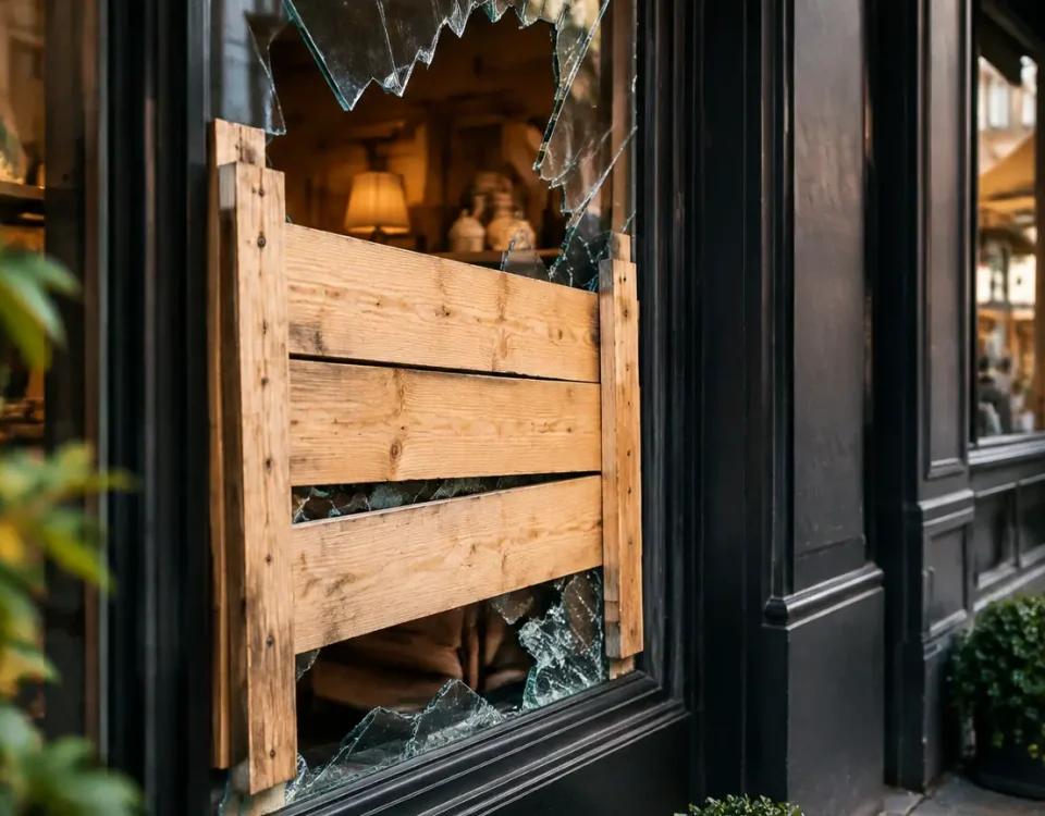 Vitrine brisee protegee par des planches en bois