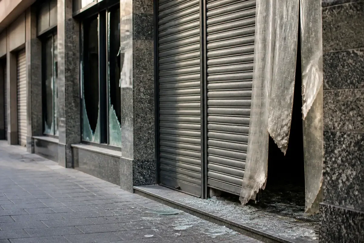 Vitrines brisees et rideaux metalliques baisses dans une rue
